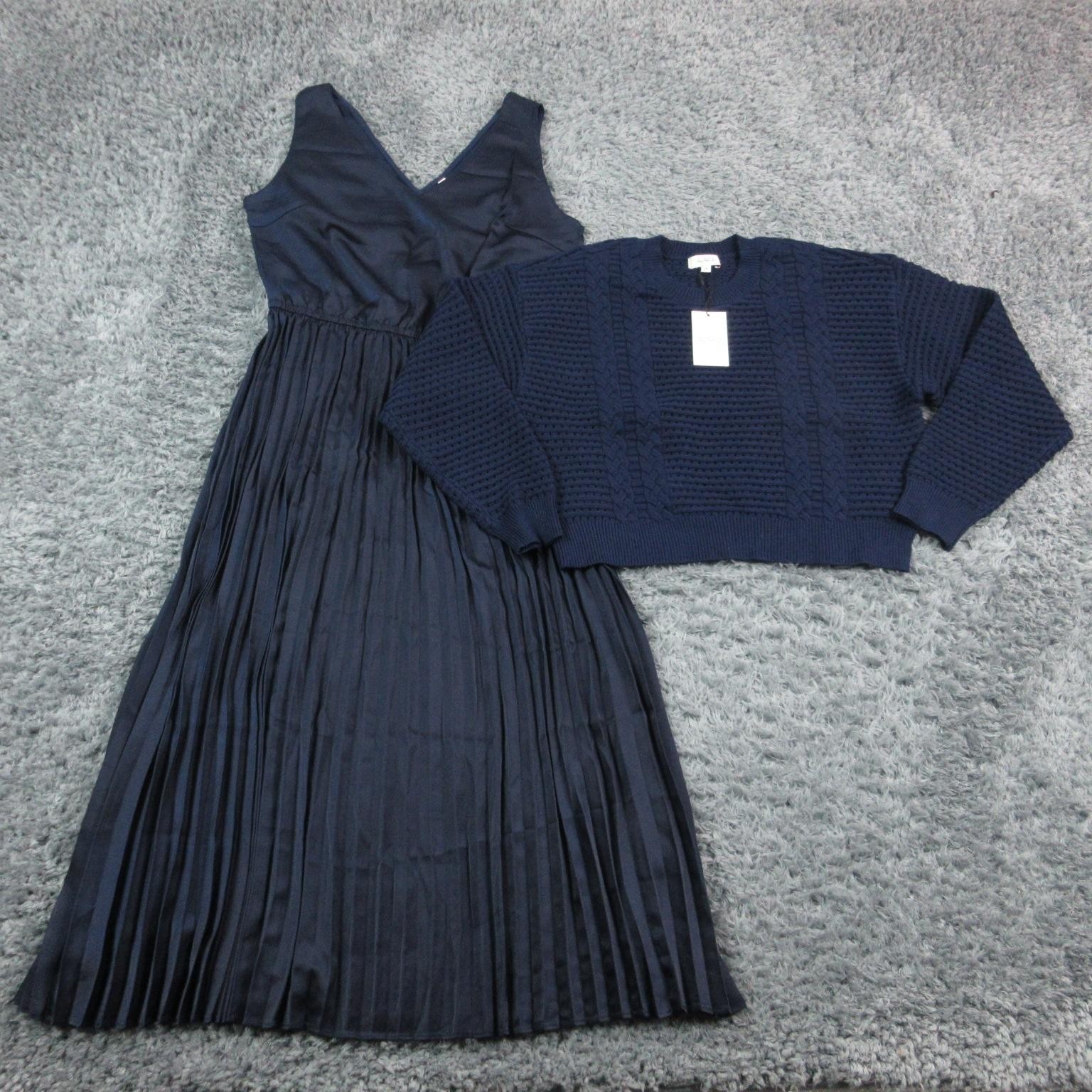 Avara Dress Womens Medium Blue Pleated Maxi Fit & Flare Cable Sweater Set NWT