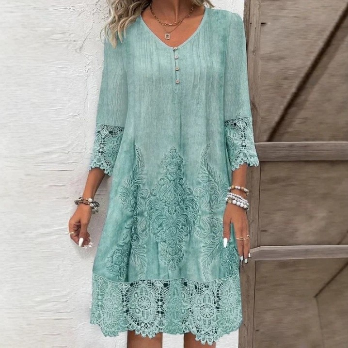 2026 Summer New Women’s Casual Solid Color V-neck Lace Lace Loose Dress