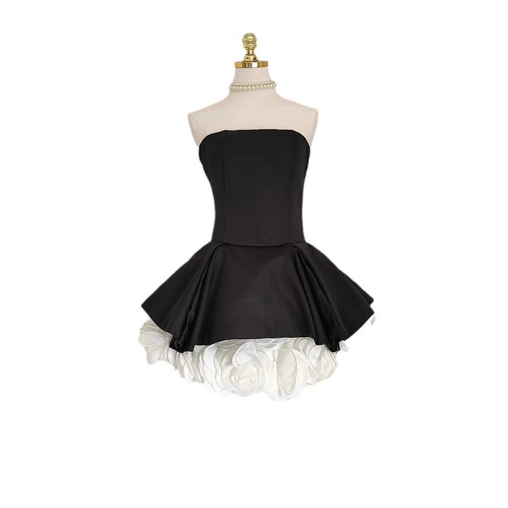 French Hepburn Style Black And White Contrast Color Three-dimensional Flower Wai