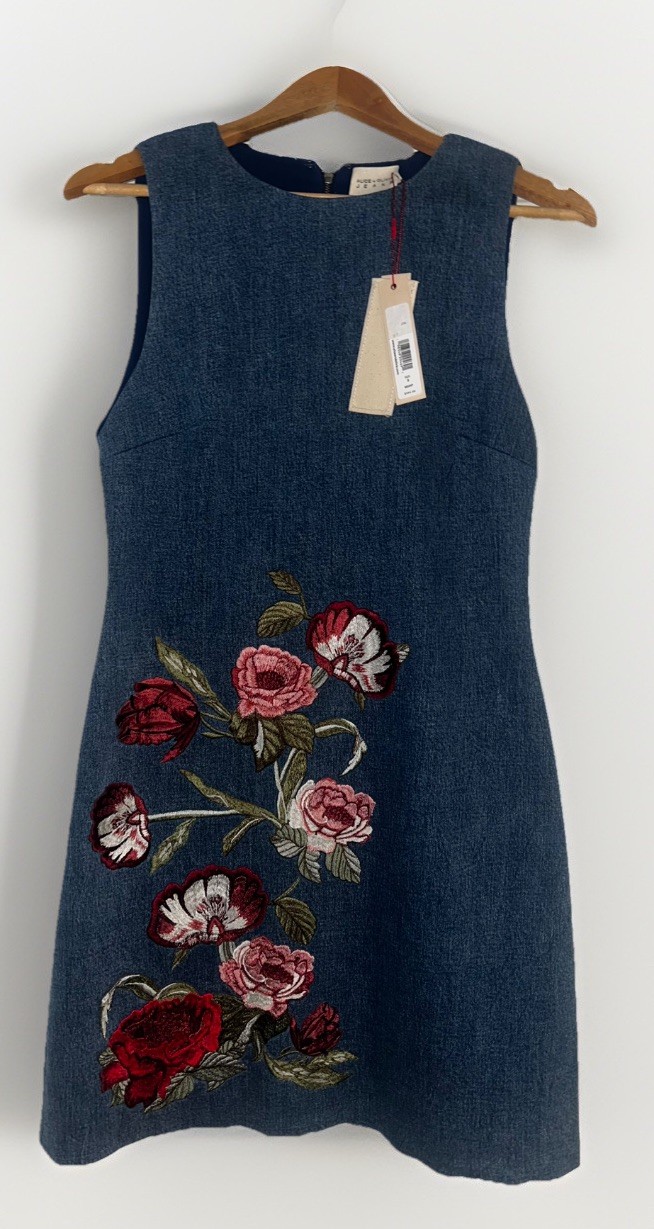 Alice + Olivia Women’s Blue Denim Cotton Embroidered Mini Dress S 8