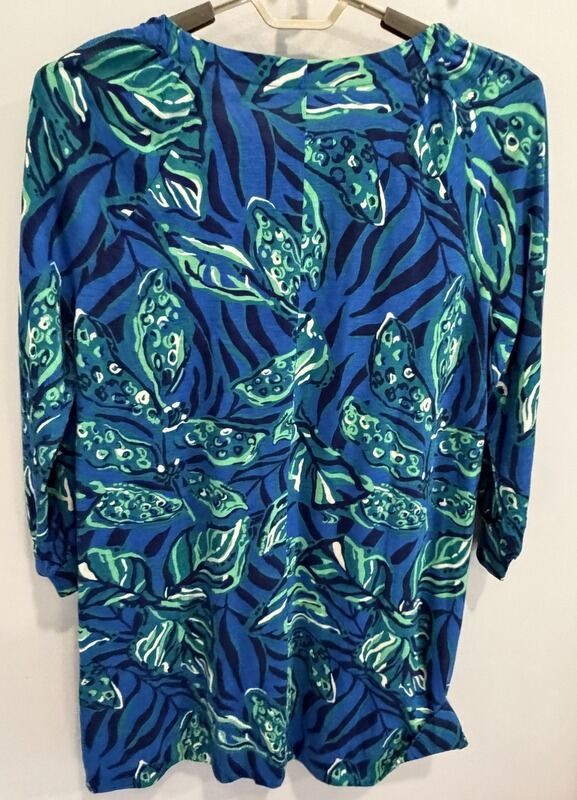 Lilly Pulitzer Elianna Blue Green Leaf Print Cotton Dress Bracelet Sleeve XL