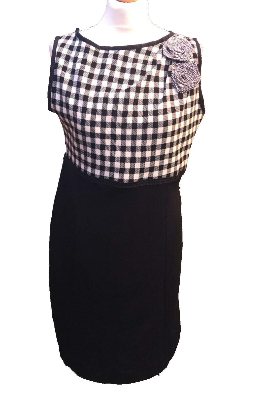Cortefiel Black Dress With Gingham Bodice Size 14 UK Sleeveless Side Zip Smart