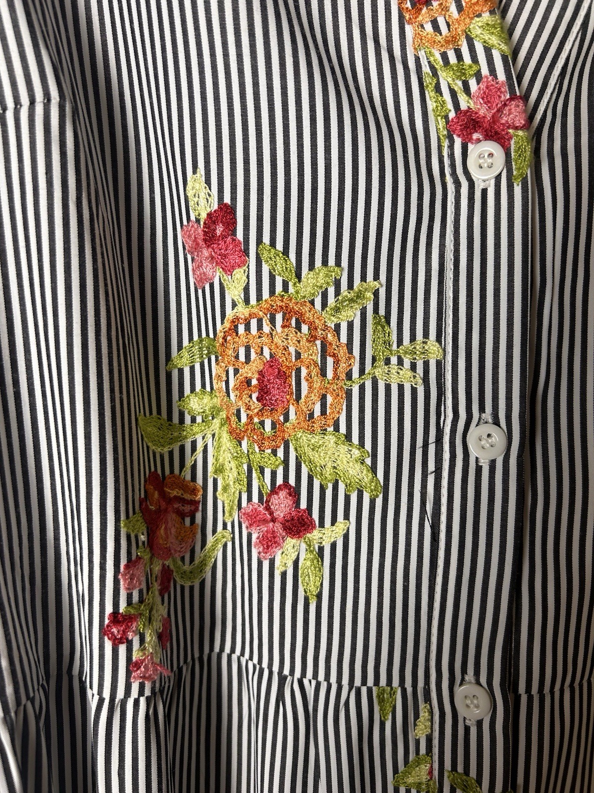 ICE Black White Striped Floral Embroidered Button Belted Midi Shirt Dress L
