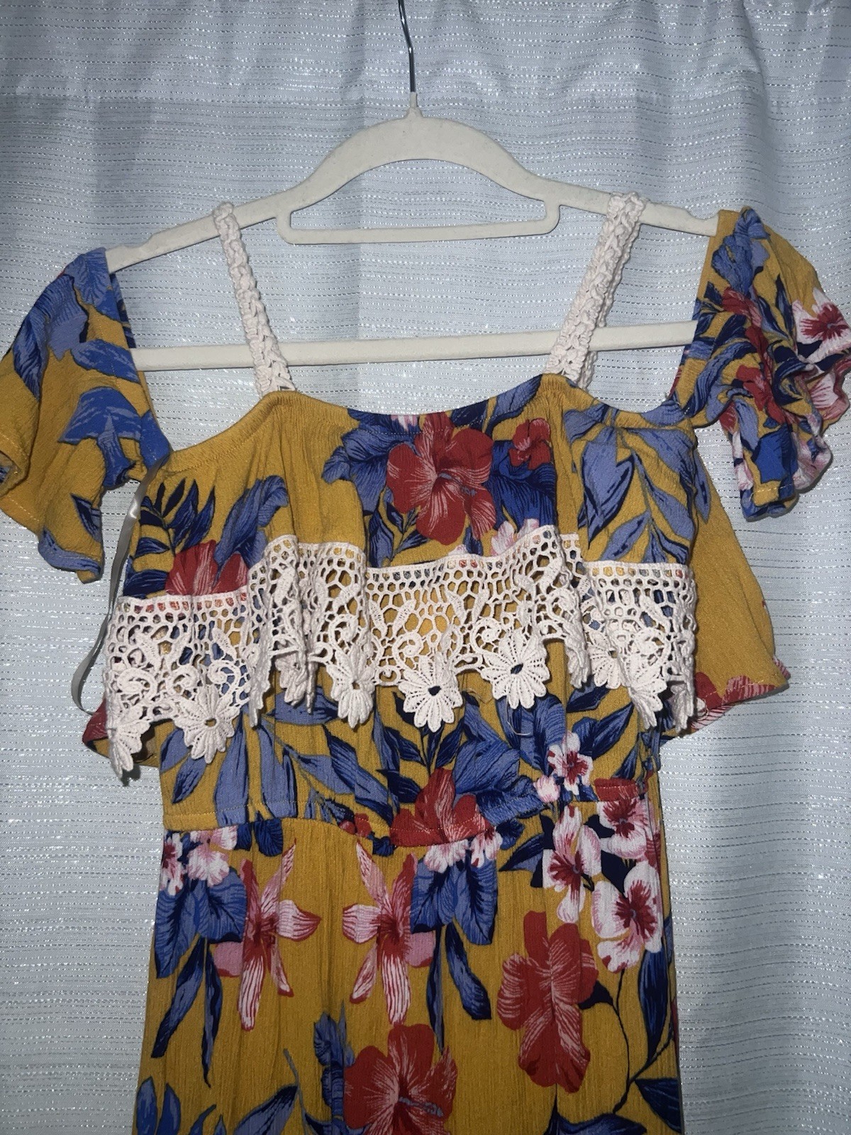 No Boundaries Juniors S Yellow Floral Lace Cold Shoulder Square Neck Maxi Dress