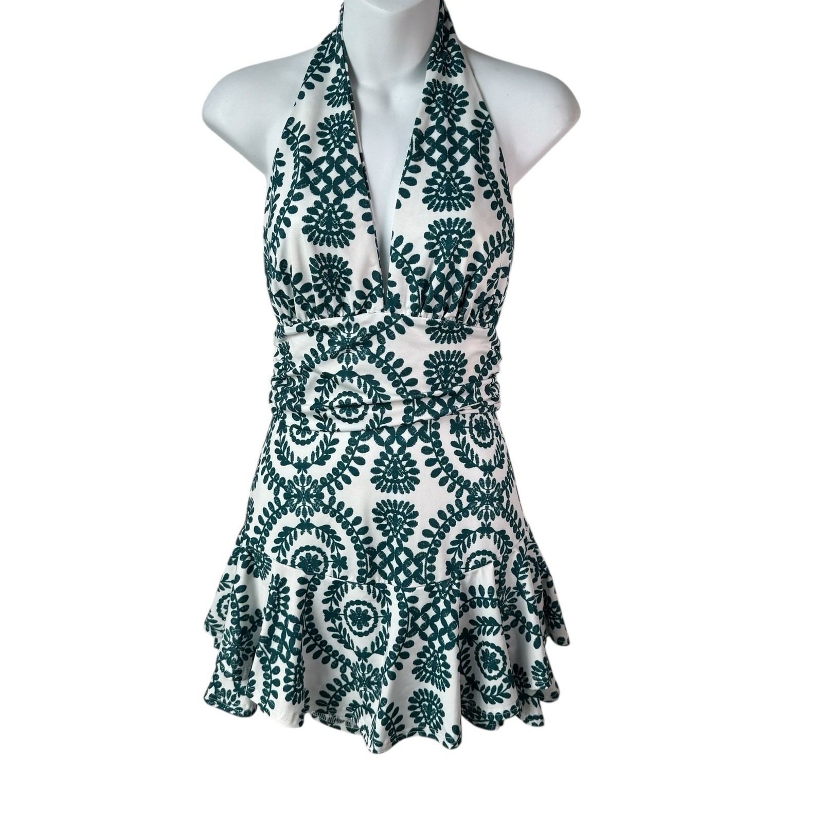 Womens Backless Halter Romper Small White Green Floral Print Ruffle Resort READ