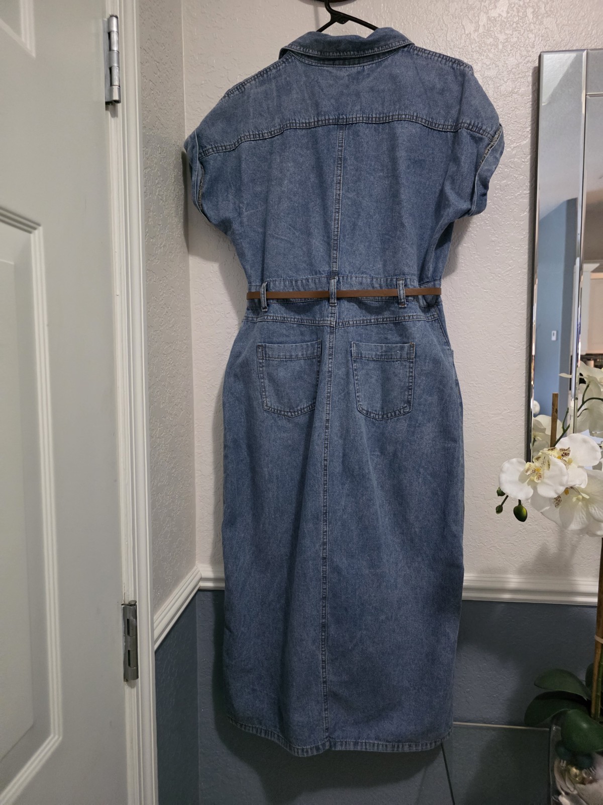 Given Kale Blue Denim Solid Shirt Dress Button-Front Belted Pockets Midi M