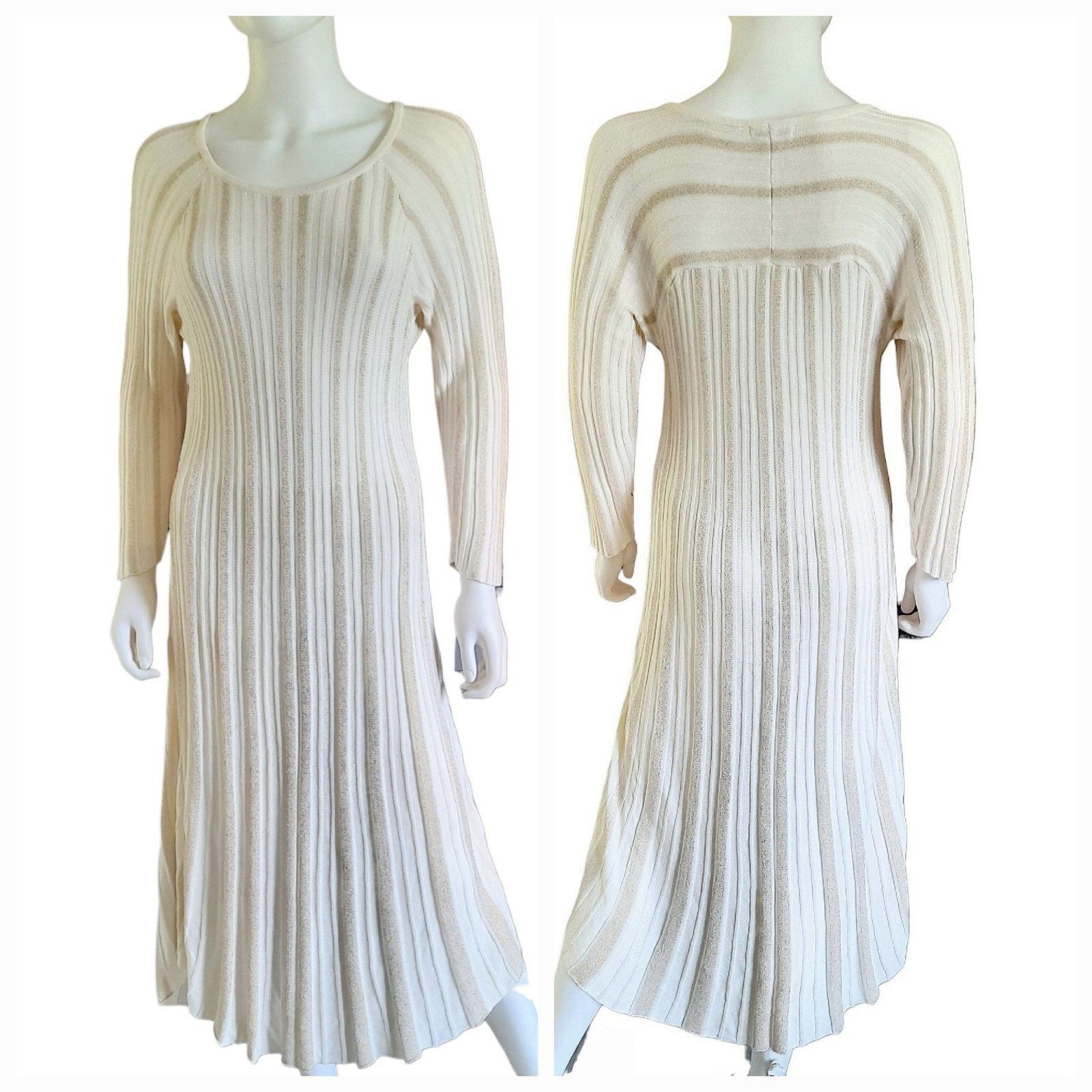 CATO Cream/Metallic Gold Ribbed Knit 3/4 Sleeve Fit & Flare Midi Dress Sz 14/16W