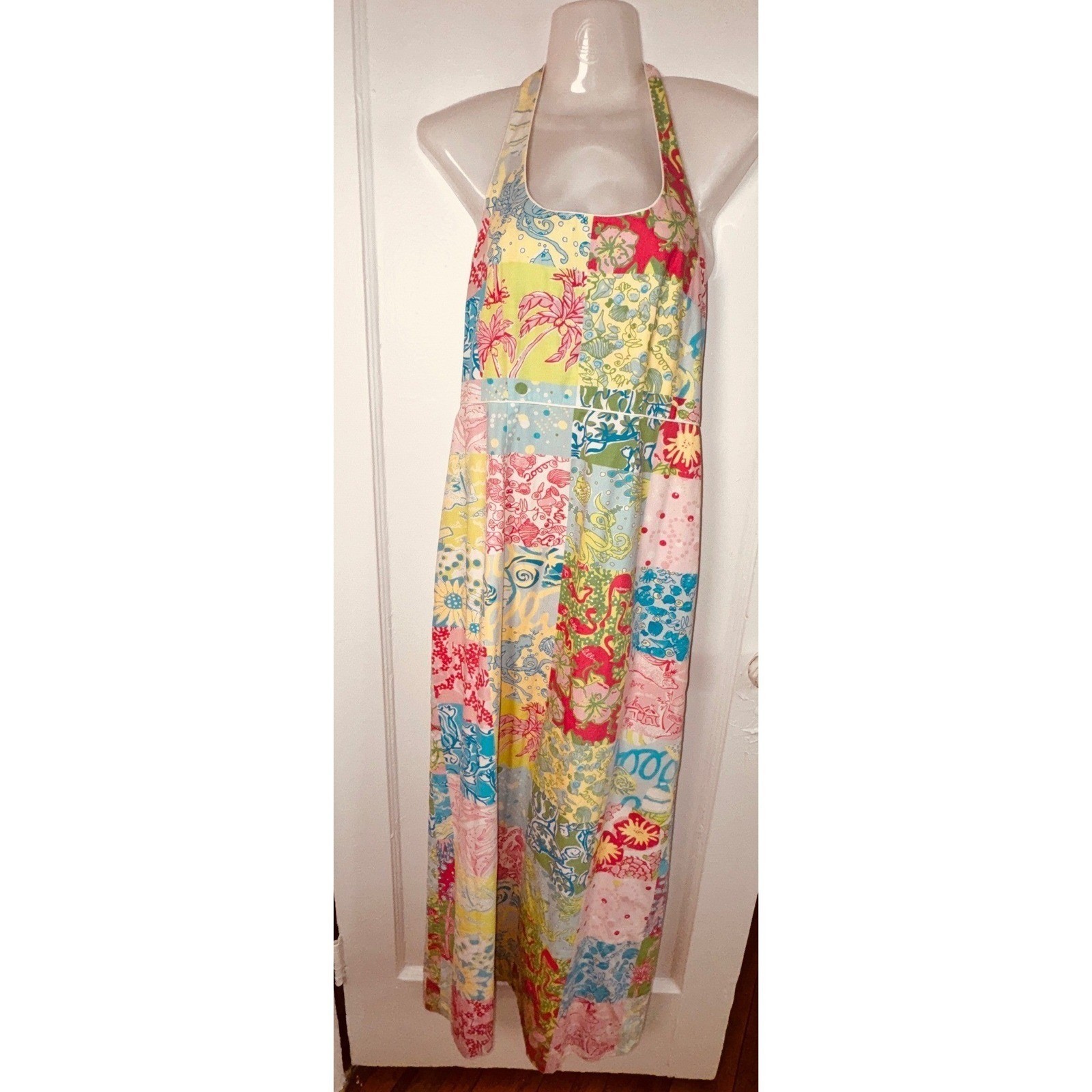 Lilly Pulitzer Patchwork Halter Maxi Dress Pink Blue Yellow Floral Cotton Size 6