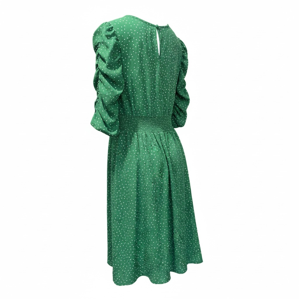 Bobeau Sz M Green Polka Dot Dress, Ruched 3/4 Sleeves, Smocked Waist, Midi, EXC!