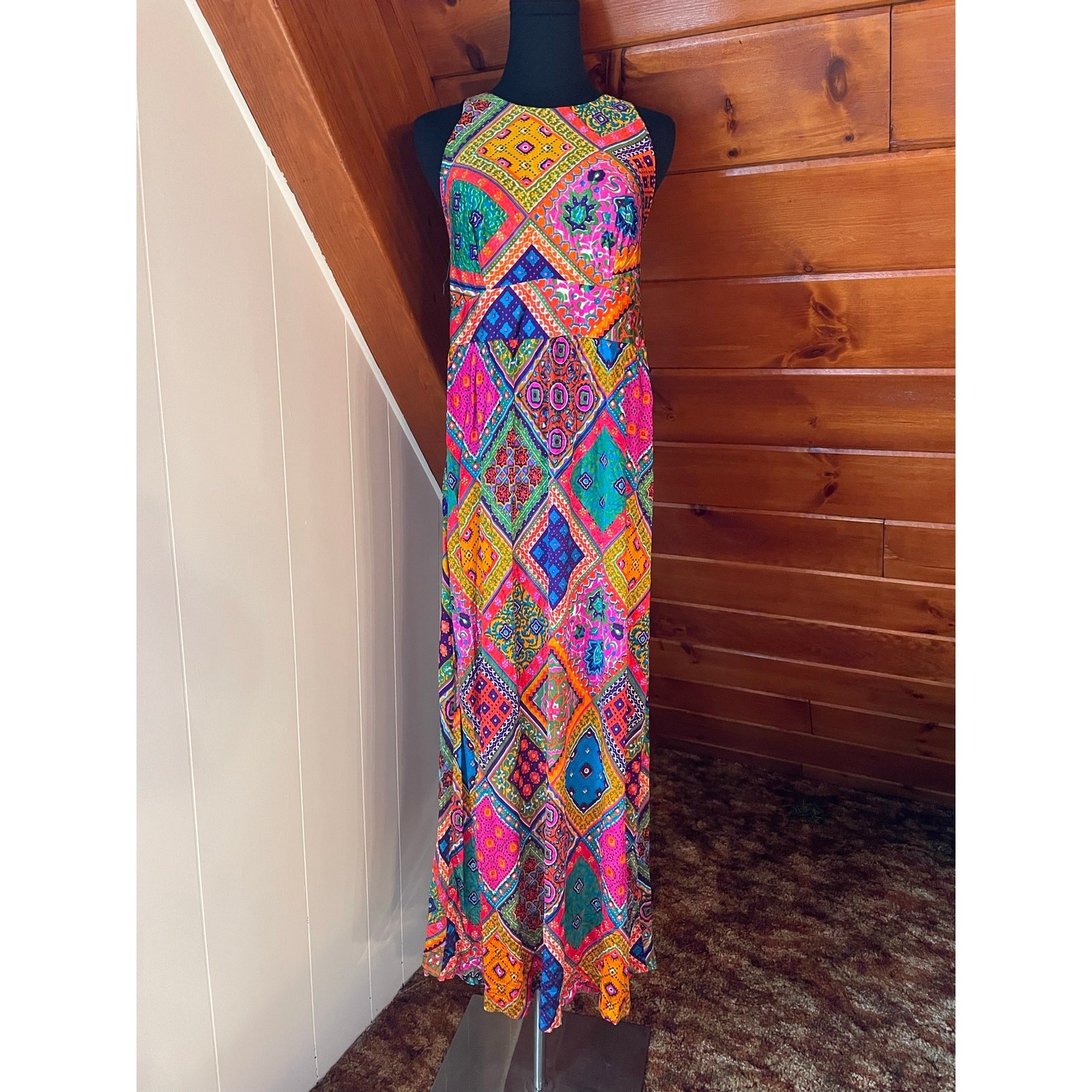 Vintage 70s Neon Rainbow Patchwork Maxi Dress sz S