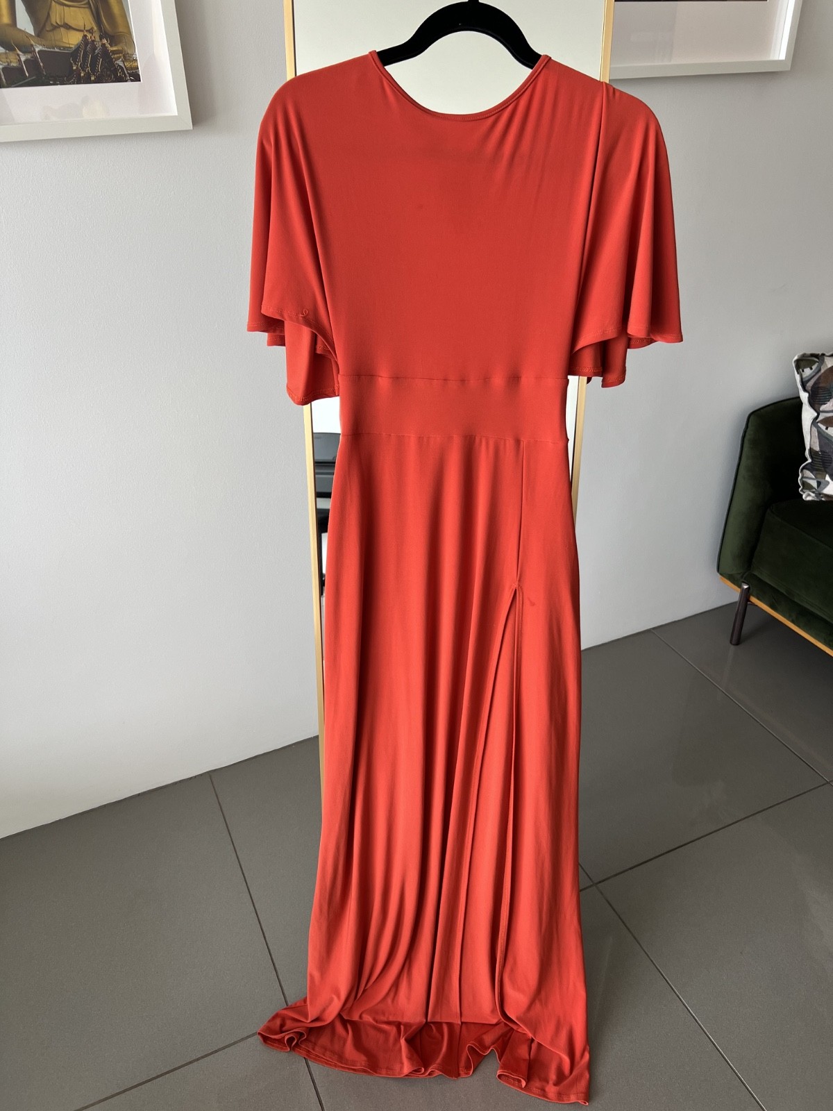 Stunning Orange/Rust Maxi Dress with High Slit & Draped Sleeves – Elegant Gown