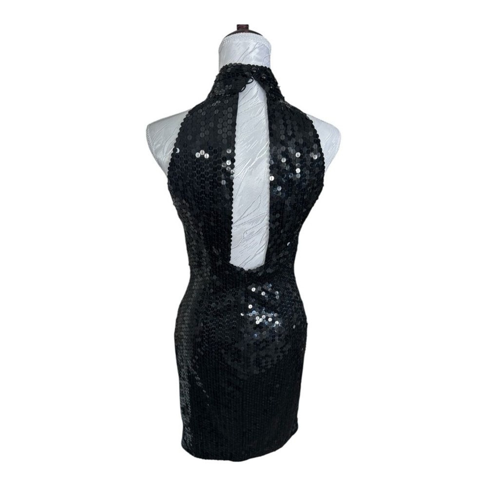 Vintage Nite Line Black Sequin High Neck Cutout Back Evening Dress Size 8
