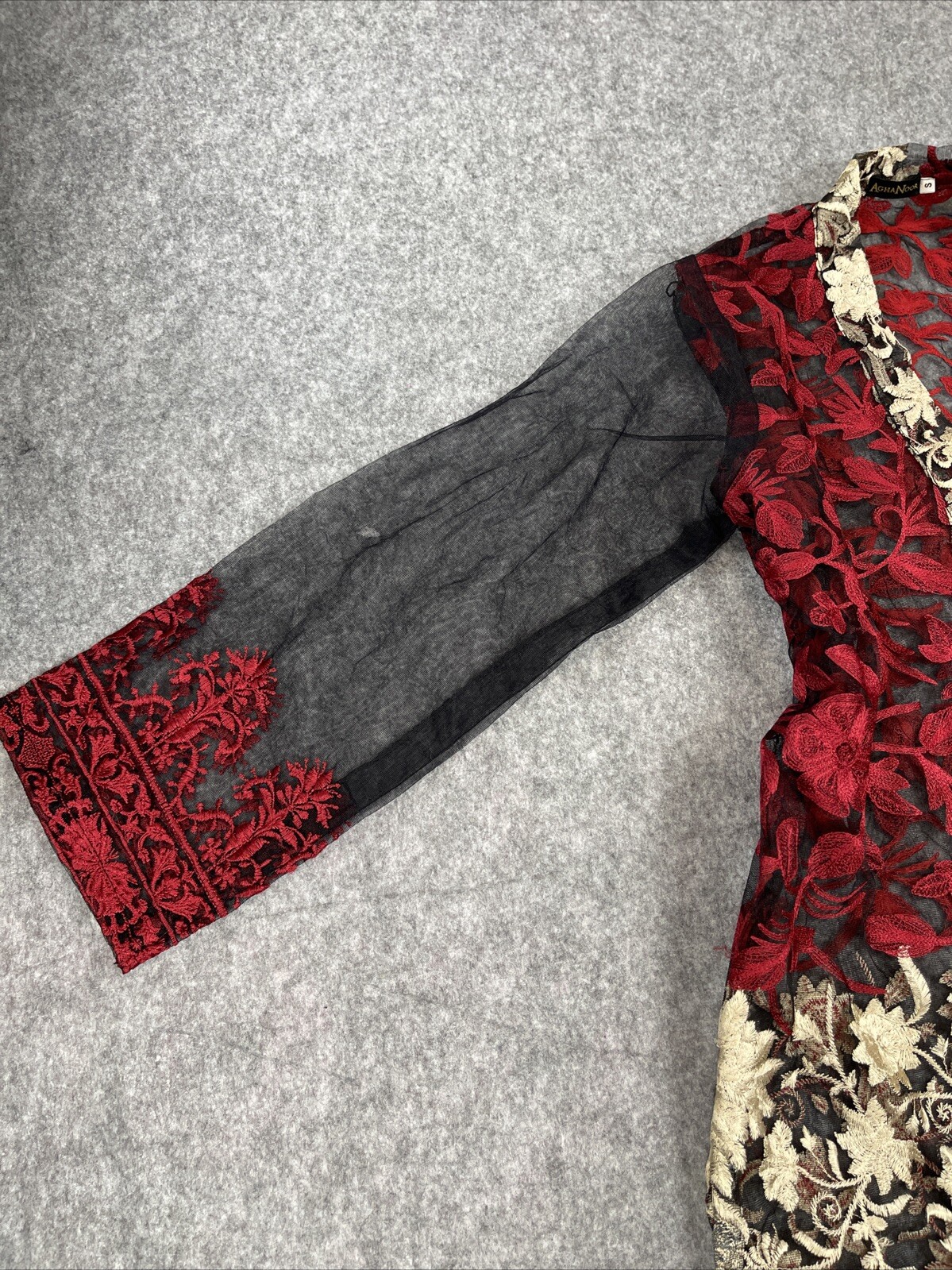 AghaNoor Sheer Overlay Dress Small Embroidered Lace Floral Whimsy Goth Boho Art