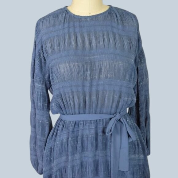 POOKIE & SEBASTIAN Crinkle Stripe Blue Long Sleeve Dress Size Large