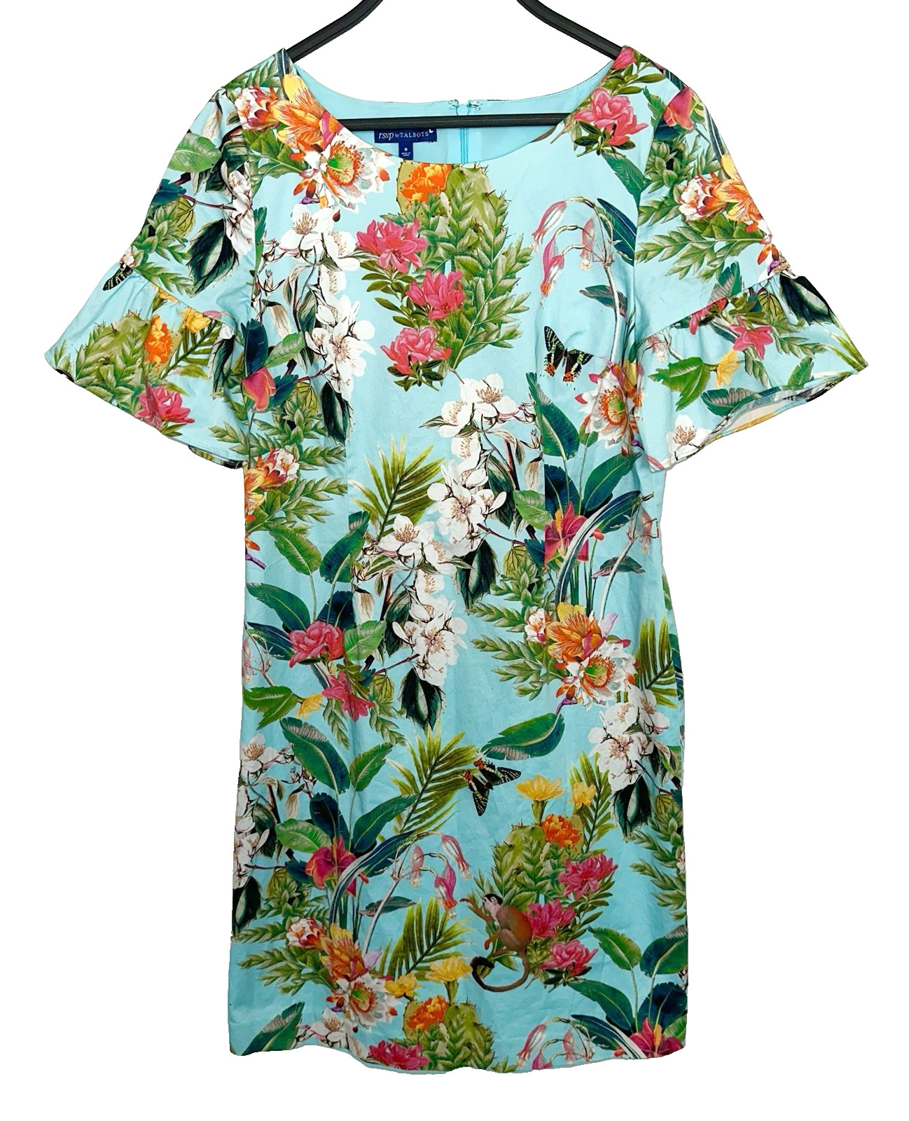 TALBOTS Size 8 A-Line Dress Colorful Floral Butterfly Monkey Garden Tropical