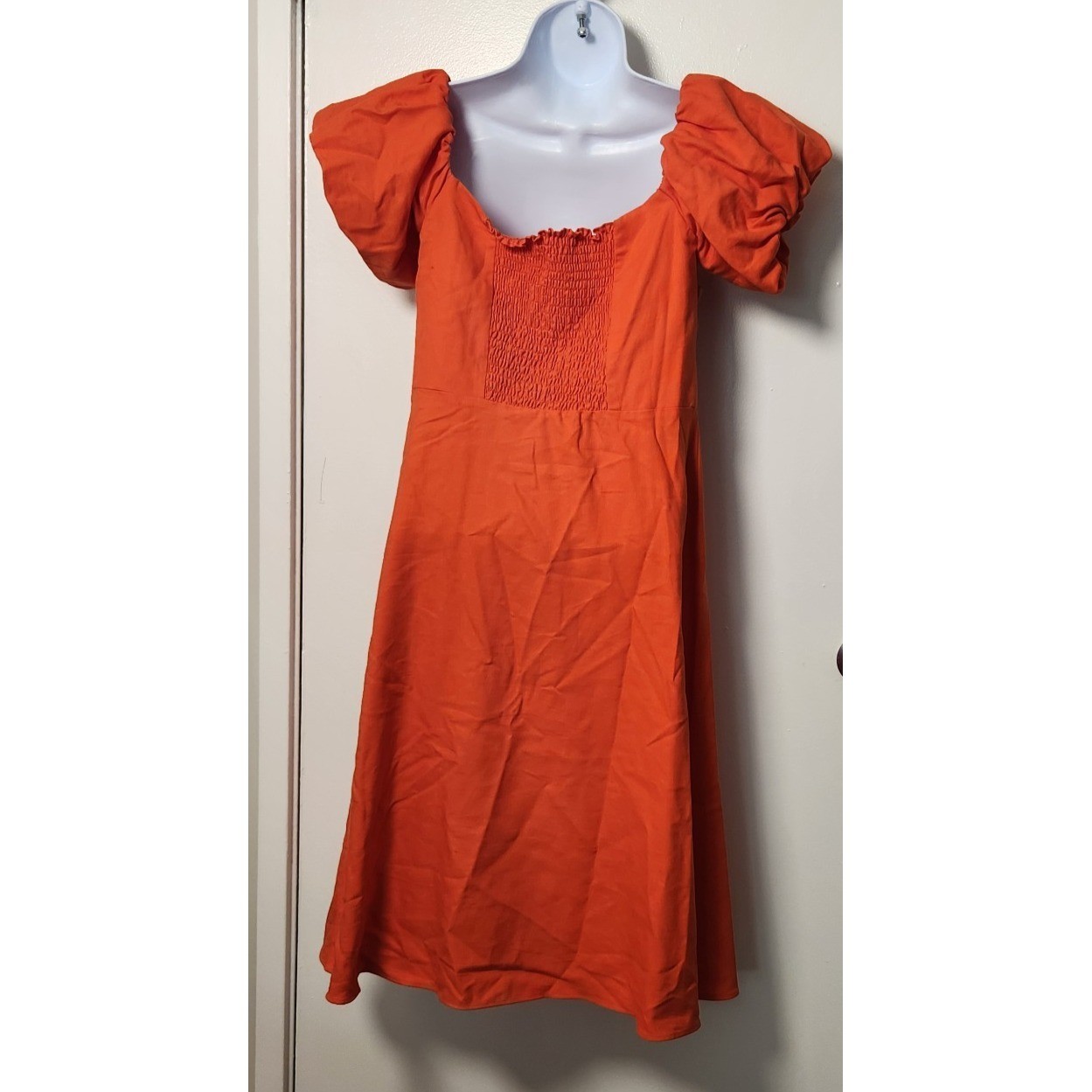 Reiss Shona Puff Sleeve Off-Shoulder Midi Dress Orange Linen Blend Sz 8 Smocked