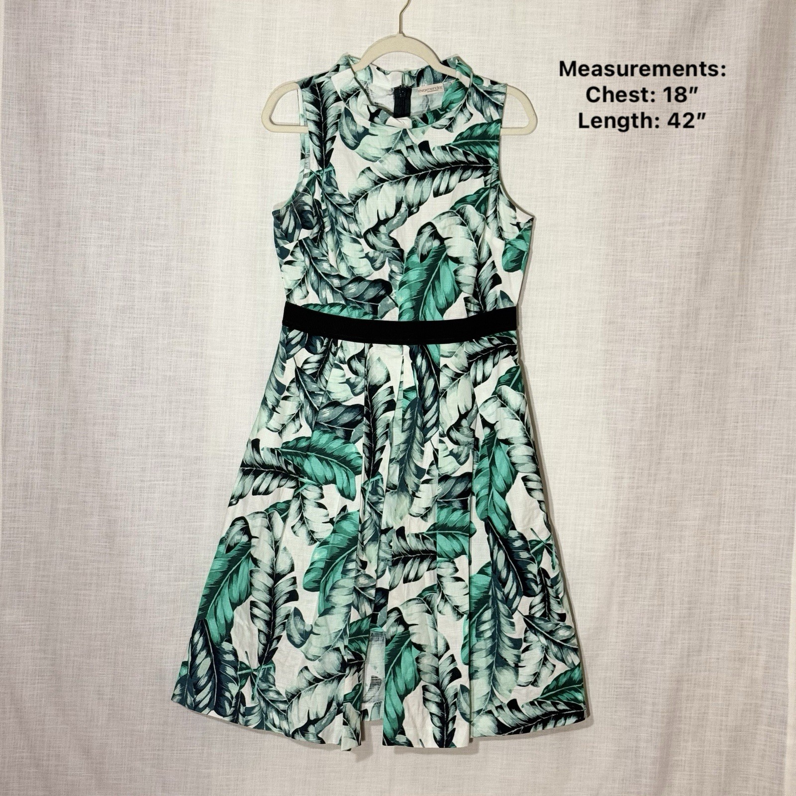 Eva Mendes White Green Tropical Leaf Fit & Flare Dress Pleated Full A-Line Skirt