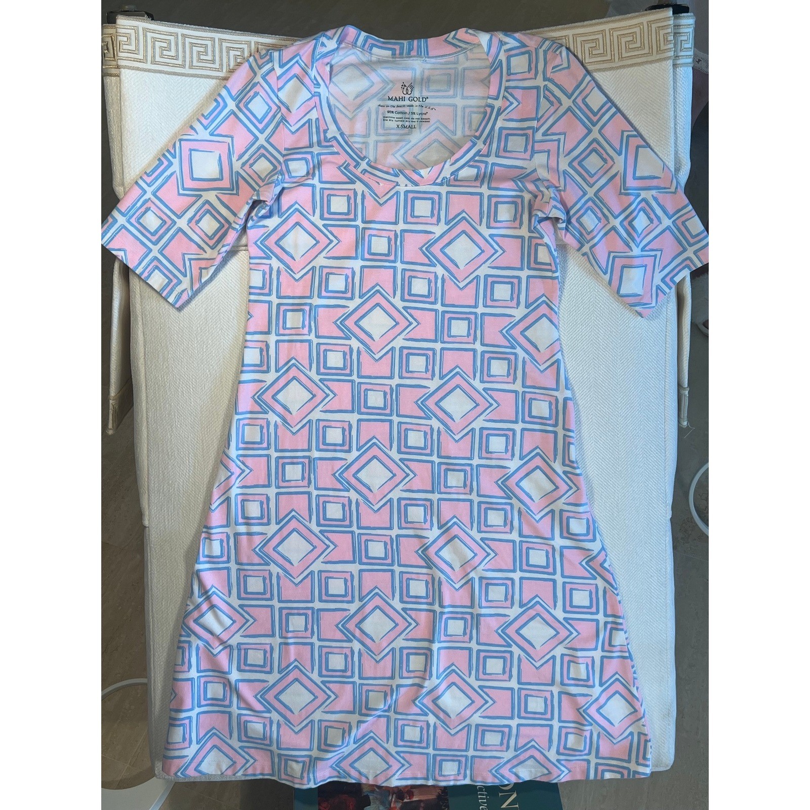 Mahi Gold Womens Geometric Print Short Sleeve Scoop Neck T-Shirt Dress Pink Blue
