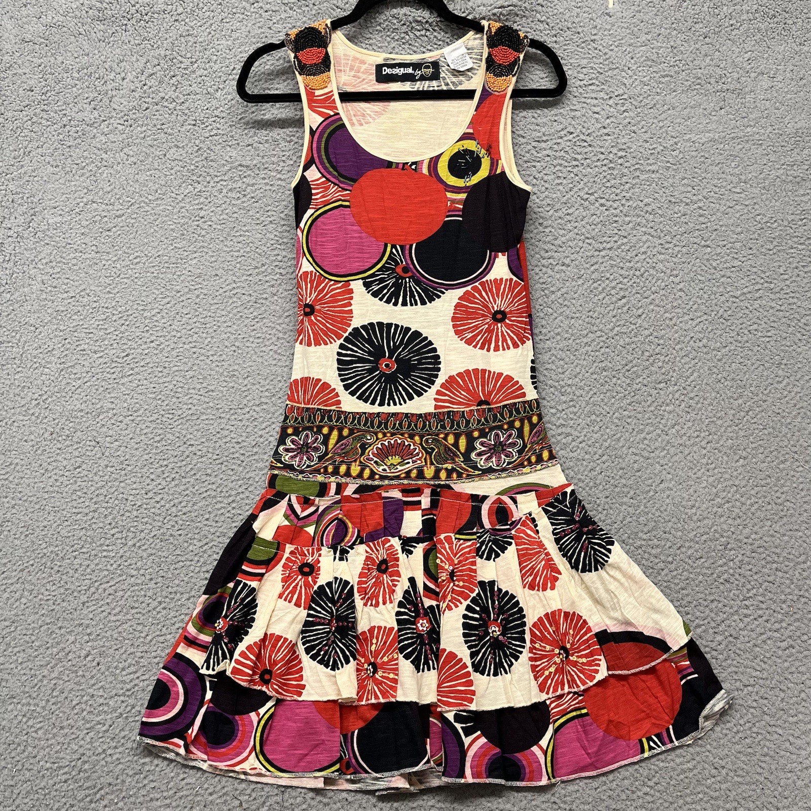 Desigual Dress Women S Colorful Floral Beaded Y2K Drop Waist Layered Art To Wear
