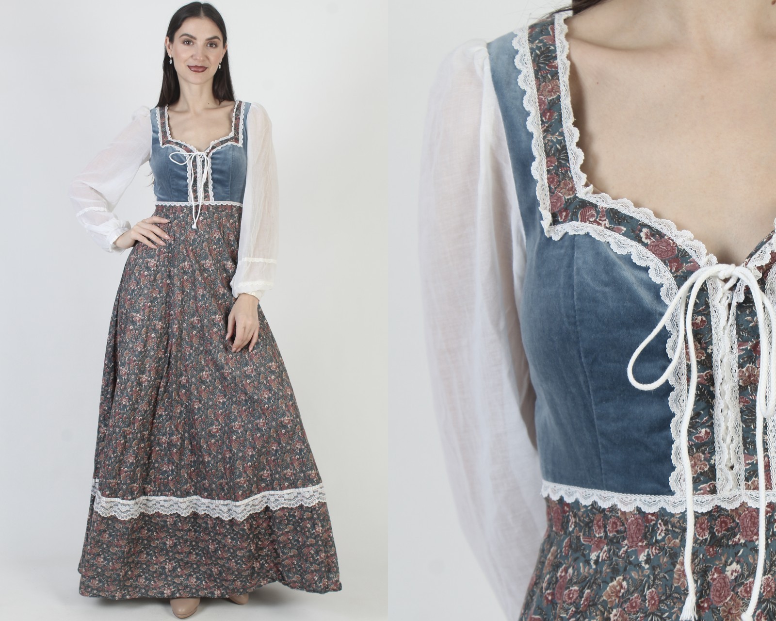 Vtg Gunne Sax Child Print Dress Calico Corset Jessica McClintock Prairie Gown