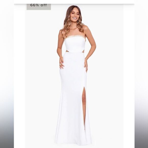 Xscape Amabella lace up long strapless scuba crepe white embelishment 16 wedding