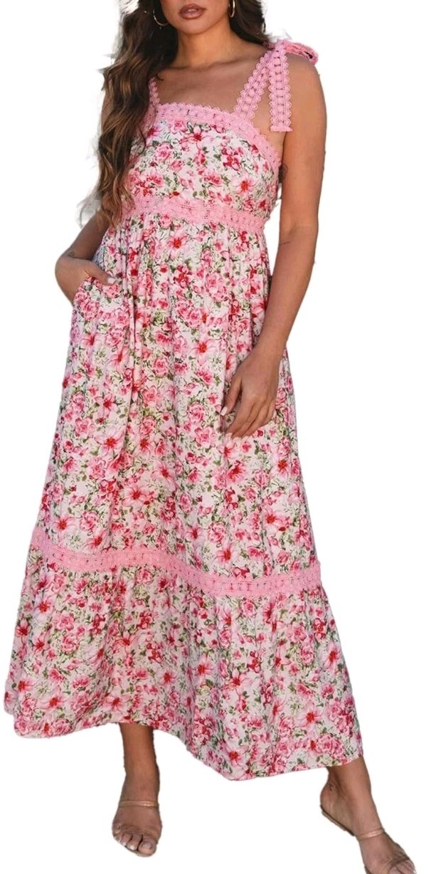 NWT BLUE PEPPER Empire Waist Long Maxi Dress Pink Floral Print LARGE