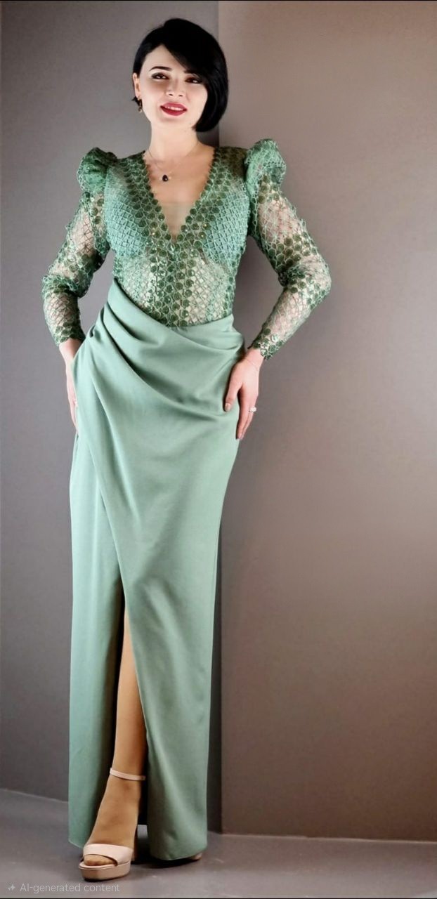 Chic Green Lace Maxi Dress with Slit (