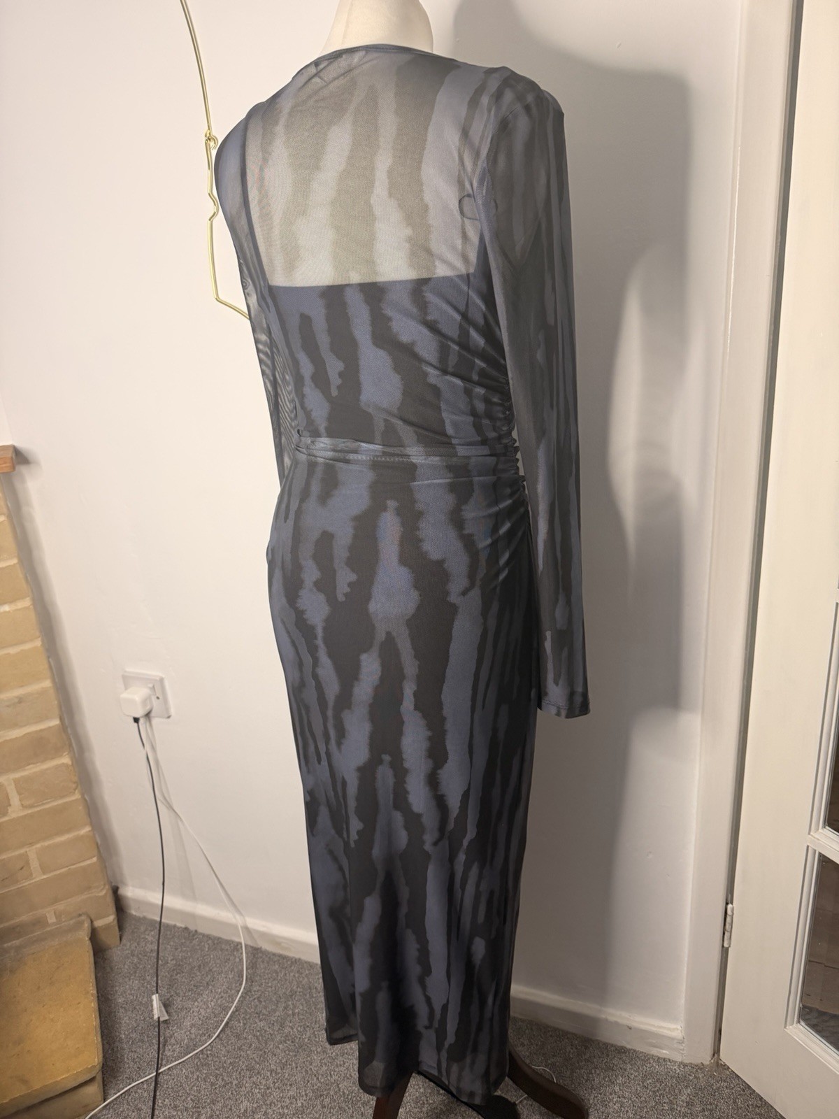 primark cares blue black abstract zebra print mesh maxi dress size s 10 12