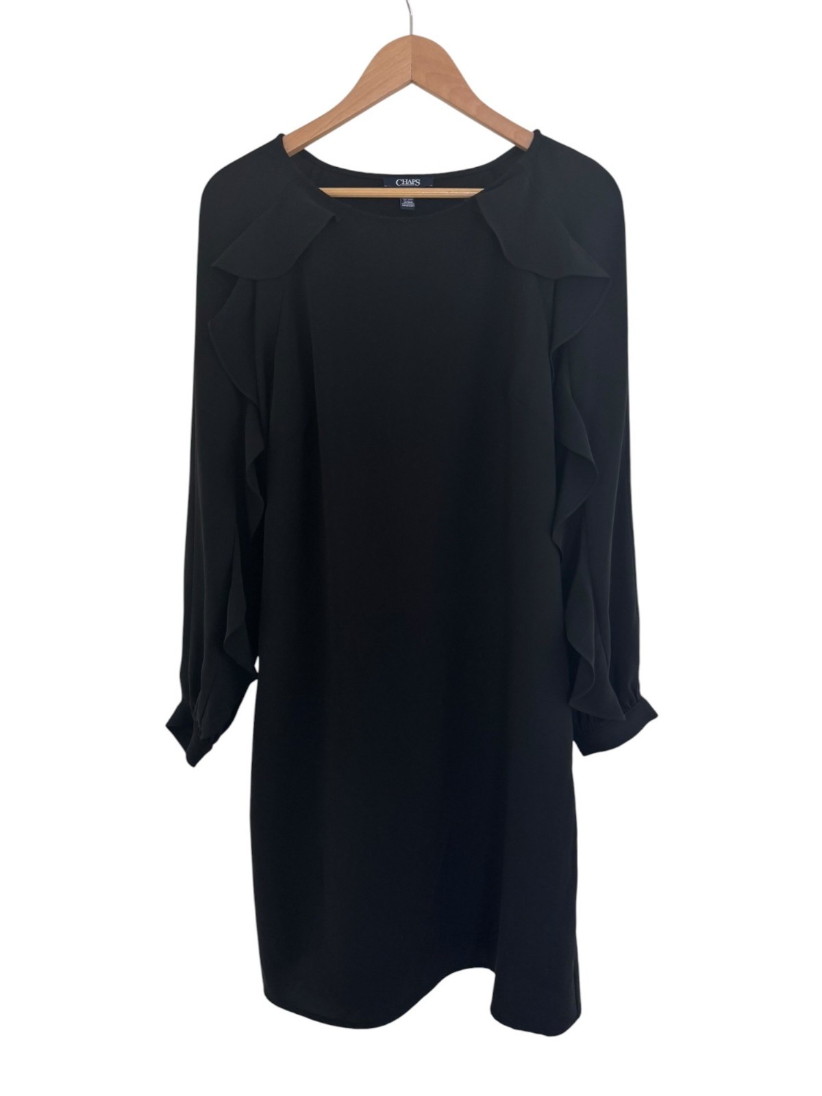 Chaps Black Ruffle Long Sleeve Shift Dress Size 12 Classic All-Season Wedding
