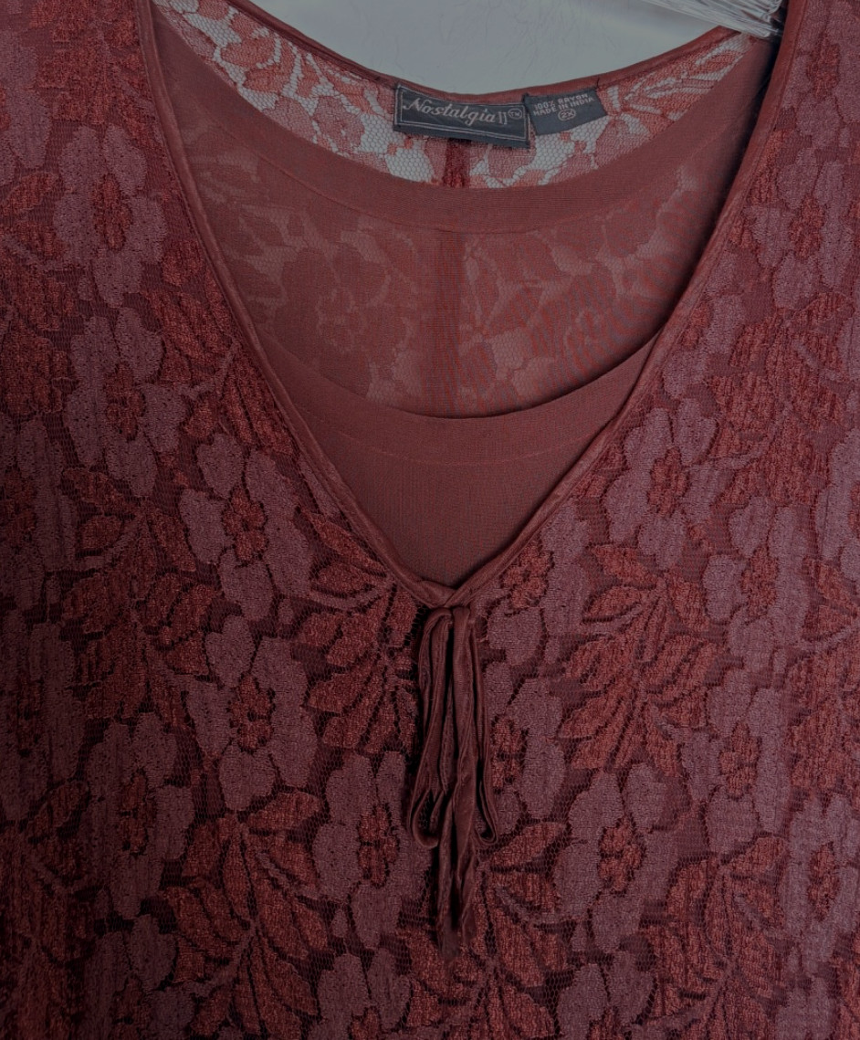 Nostalgia Vintage Dark Brown Lace Overlay Fared Flowy Dress 90s, Hippie Grunge
