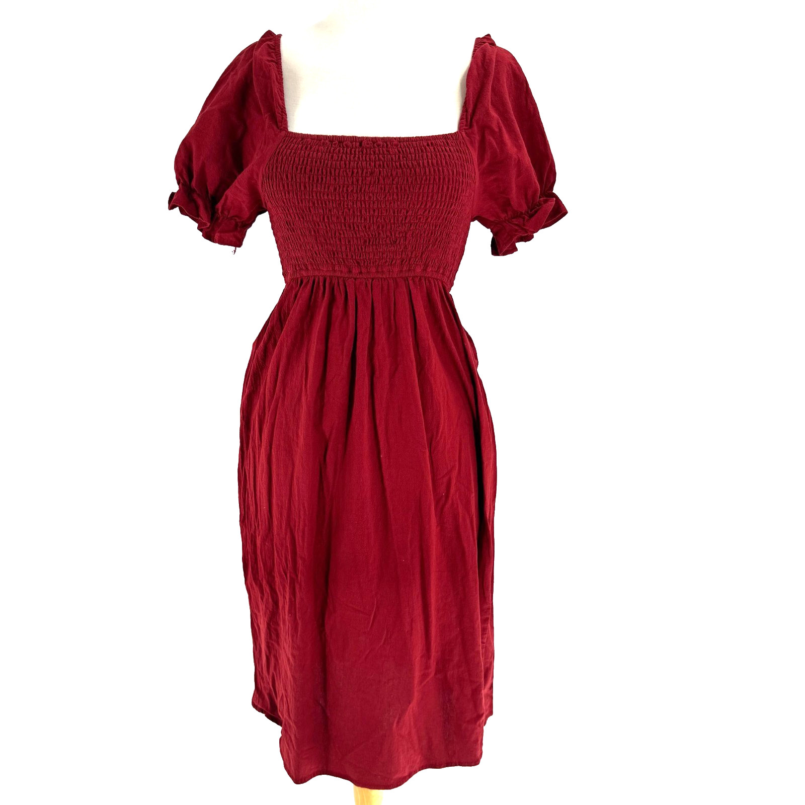 R. Vivimos Smocked Midi Dress Women’s Small Burgundy Puff Sleeve Boho Casual New