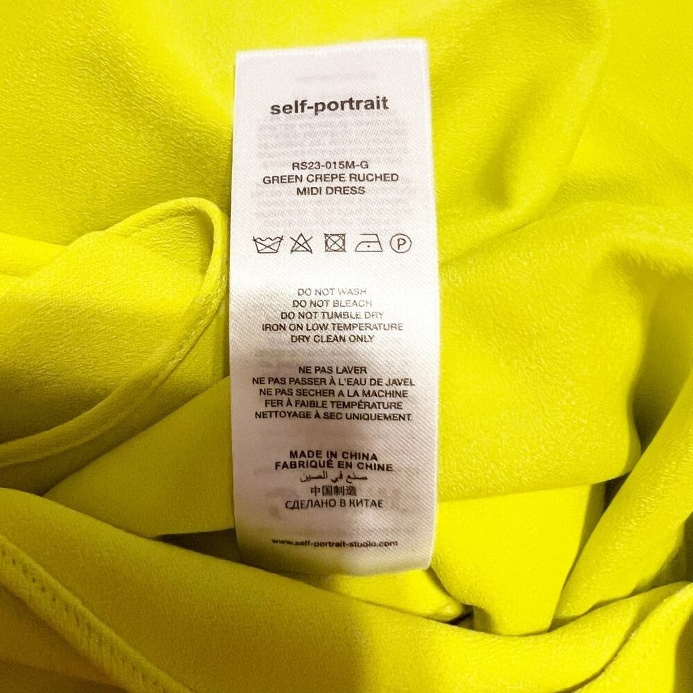 Self-Portrait Crepe Ruched Midi Dress Lime Green Puff Sleeve 6 NWT