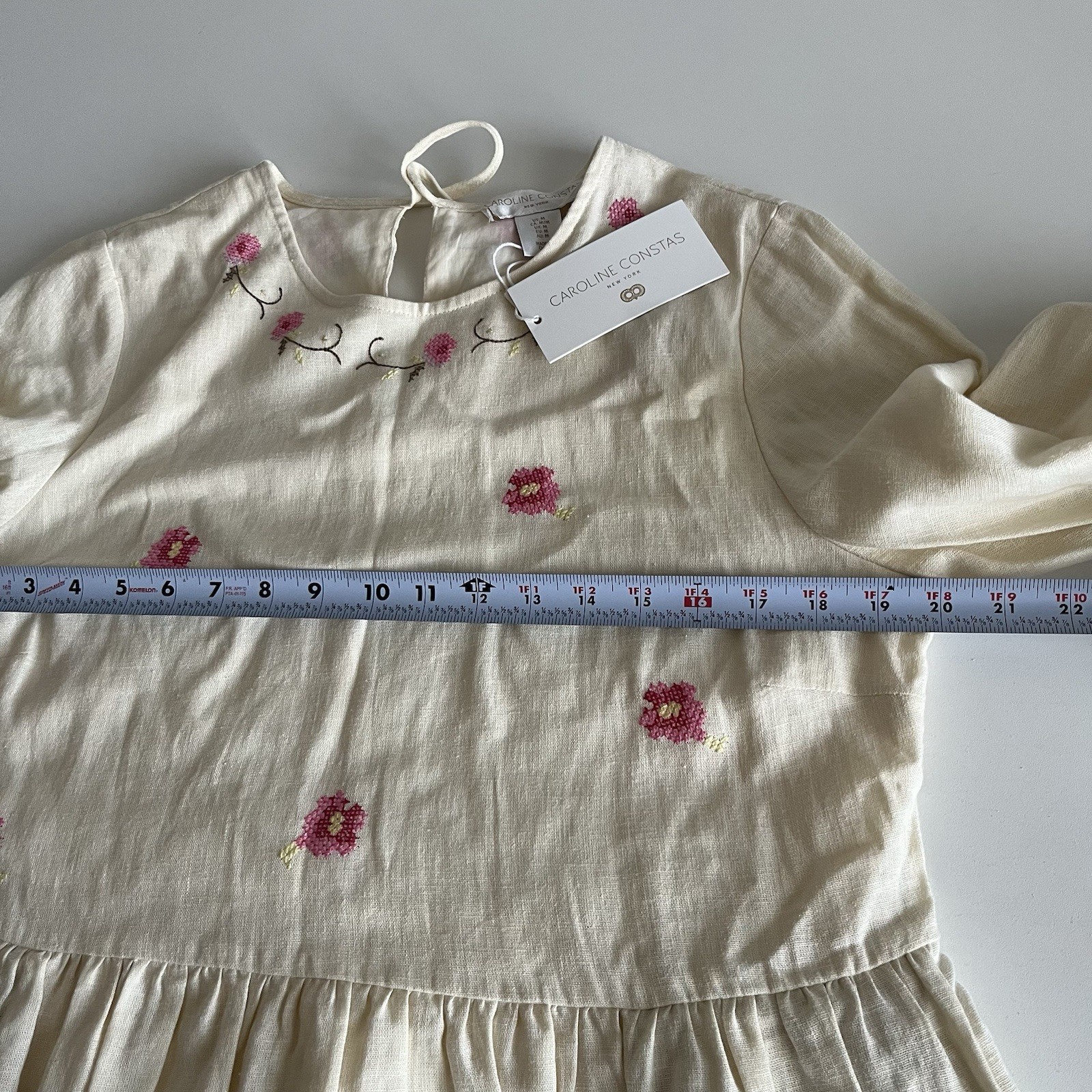 Caroline Constas Floral Embroidered Mini Dress M Cream Linen Cottagecore Costal