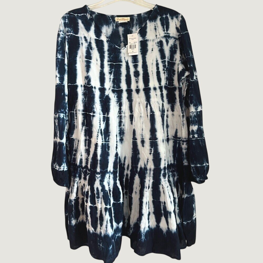 Sweet Magnolia Long Sleeve Tiered Tie Dye Mini Dress Women Medium Blue White NWT