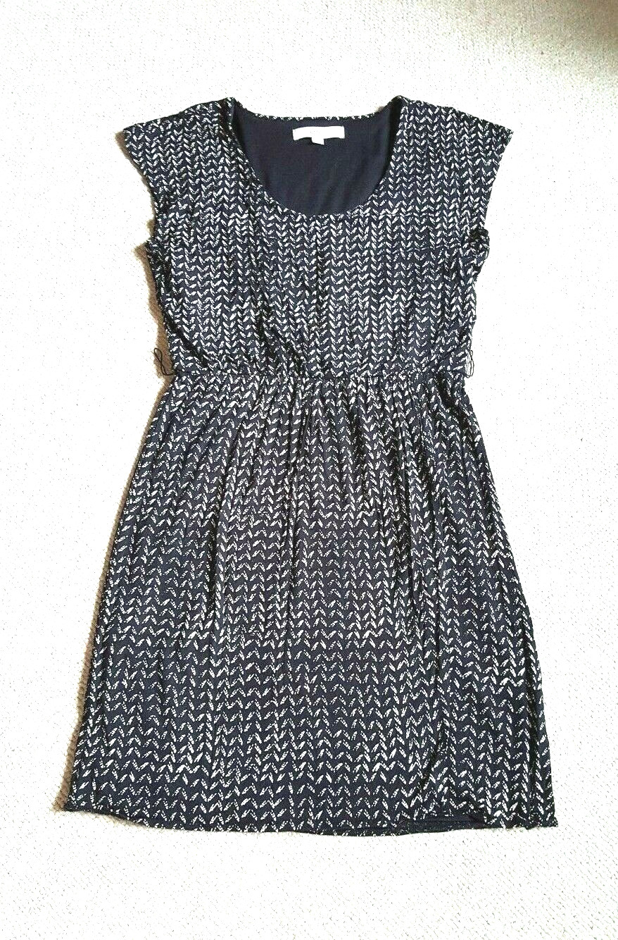 Womens Dress-ANN TAYLOR LOFT-black/beige patterned rayon knit lined cap sleeve-S