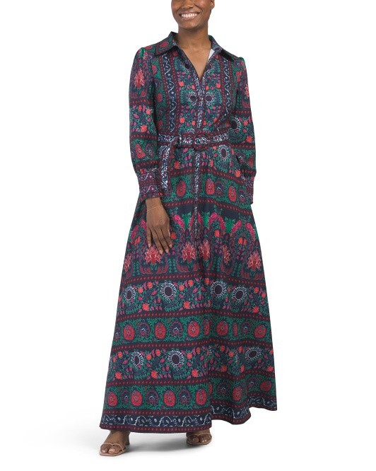 Dalia MacPhee womens Belted Long Maxi Dress size Medium (4-6) Navy & Red Floral