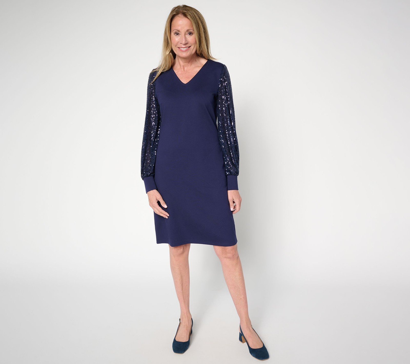 Belle by Kim Gravel Jingle Belles Regular Ponte Dress w/ Sequin Sleeves Future D