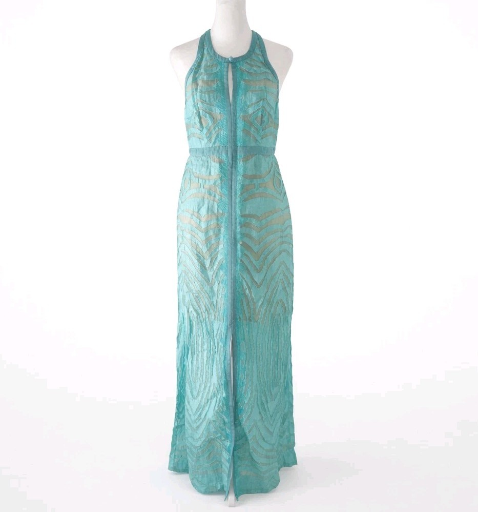 TRACY REESE Linen Blend Turquoise Teal Double Slit Keyhole Maxi Dress Size 4