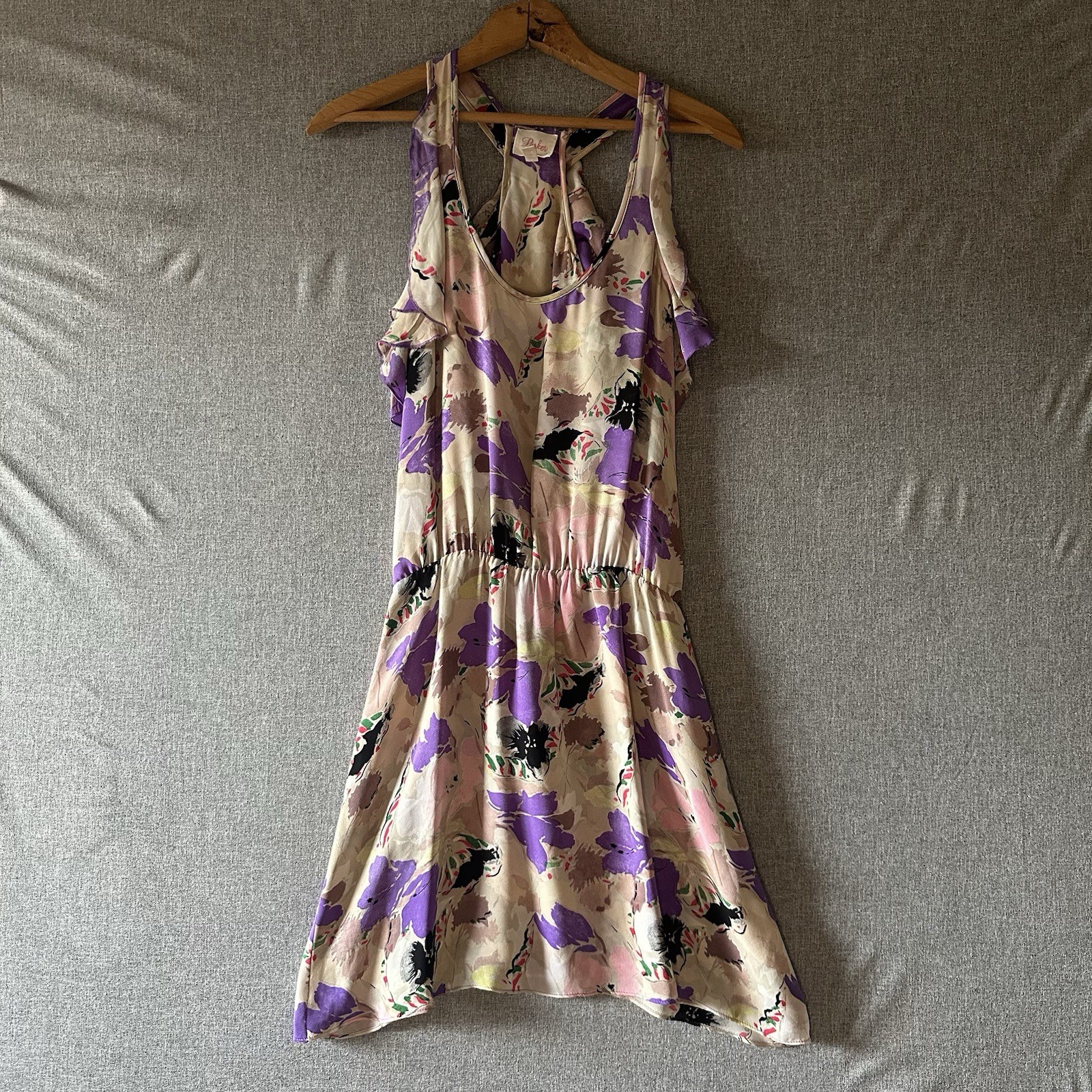 Parker Women’s 100% Silk Ruffle Racerback Abstract Floral Mini Dress Small