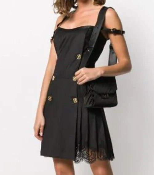 Versace Medusa Logo Button Black Lace Strappy LBD Cocktail Dress US 0 IT 36