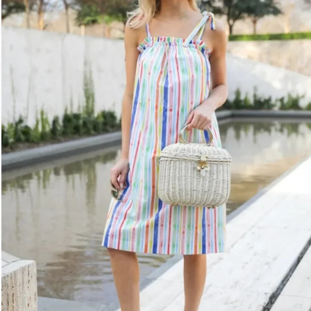 NEW $180 Brooke Wright Rainbow Stripe Dress 100% Cotton Spaghetti Straps Lined M