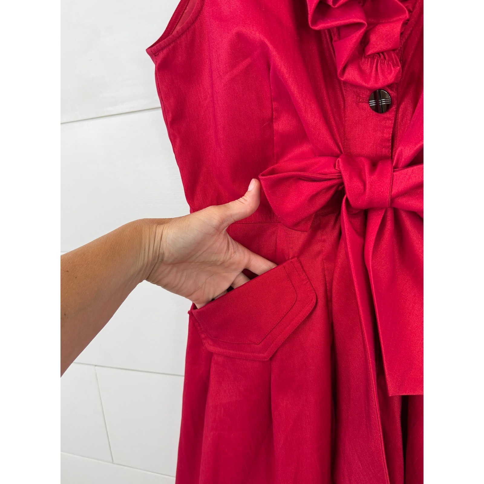 Samuel Dong Red Sculptural Ruffle Bubble Hem Dress Bow Pockets Size M