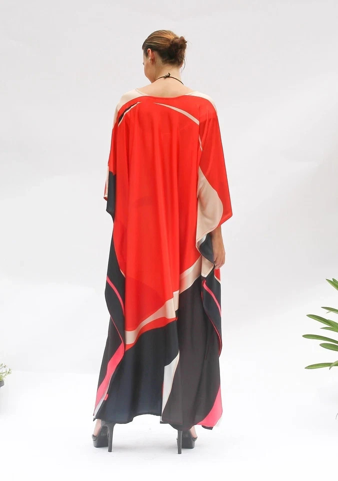 Most Beautiful Black & Red Caftan, Long Kaftan, Soft Satin Silk Kaftan J5823