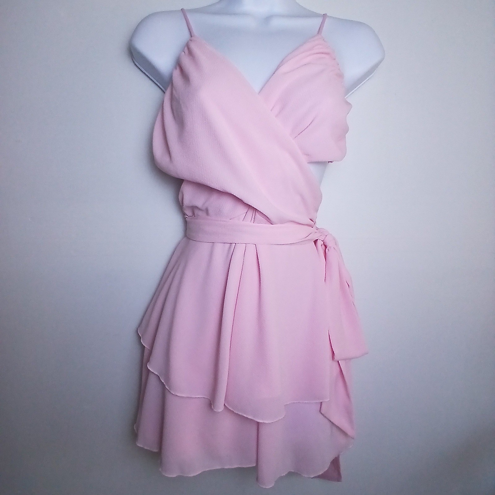Lucy in the Sky Pink Cut Out Tiered Ruffle Mini Dress Surplice M Romantic