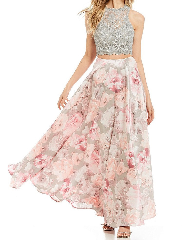 JODI KRISTOPHER 2-PIECE BALL GOWN DRESS SET FLORAL SILVER-GRAY ROSE PINK SIZE 5