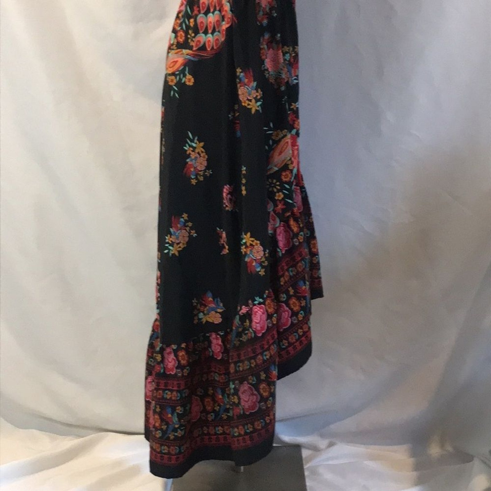 Black floral peacock colorful print short sleeves hi-low maxi dress boho gypsy M