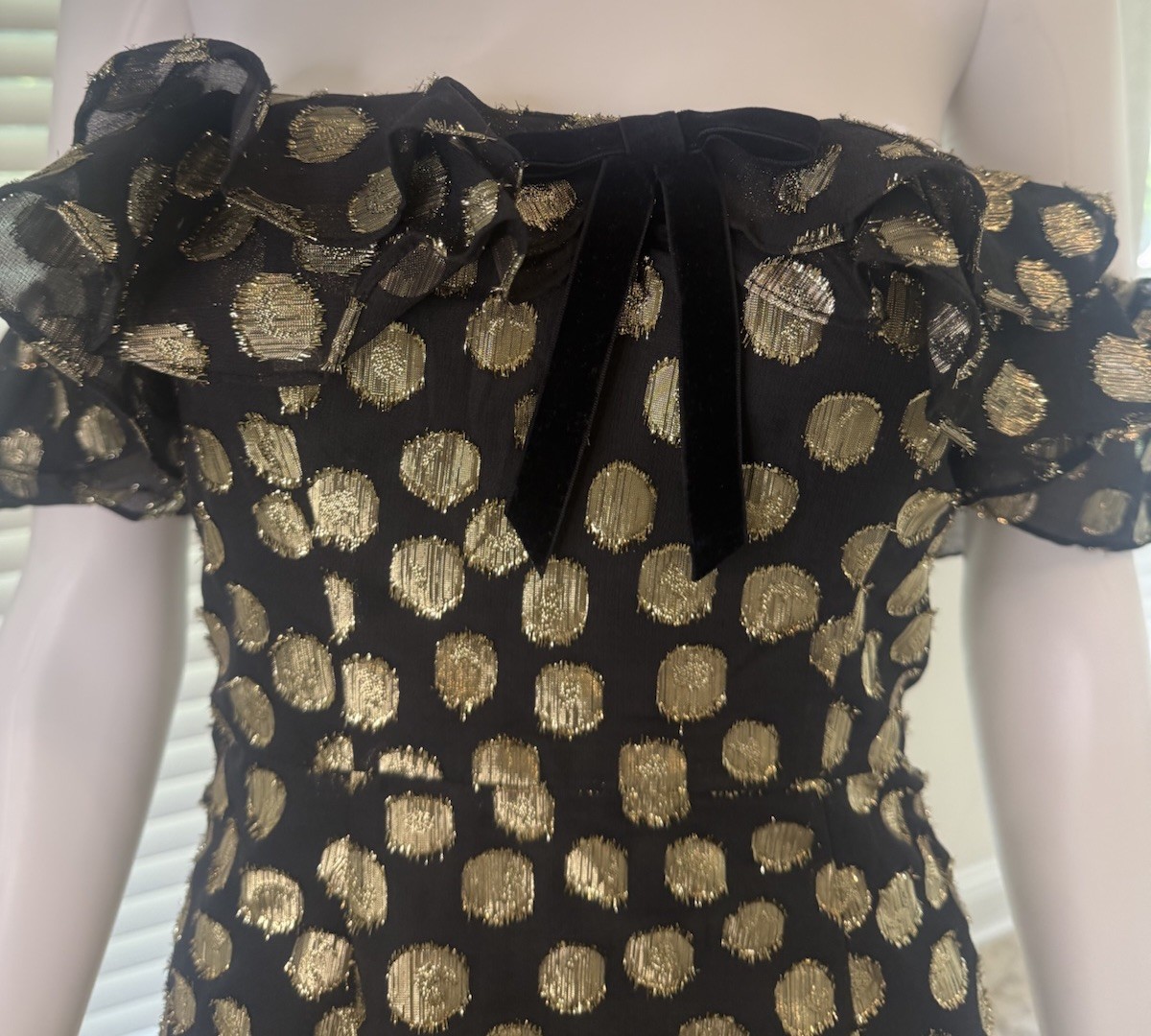 For Love & Lemons Lottie Ruffle Off the Shoulder Mini Dress in Gold Dot Size S