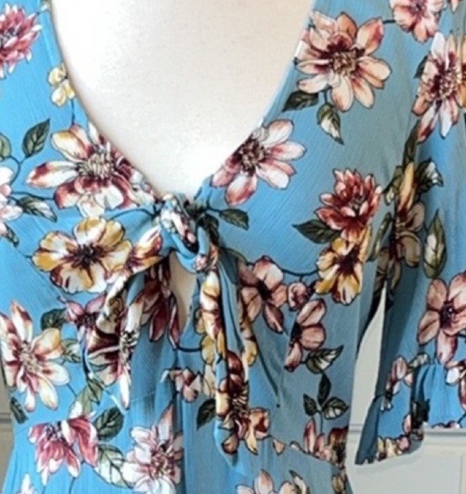 Floral Summer Romantic Dress Blue Flowy Ruffle Sleeve Womens Small Mini