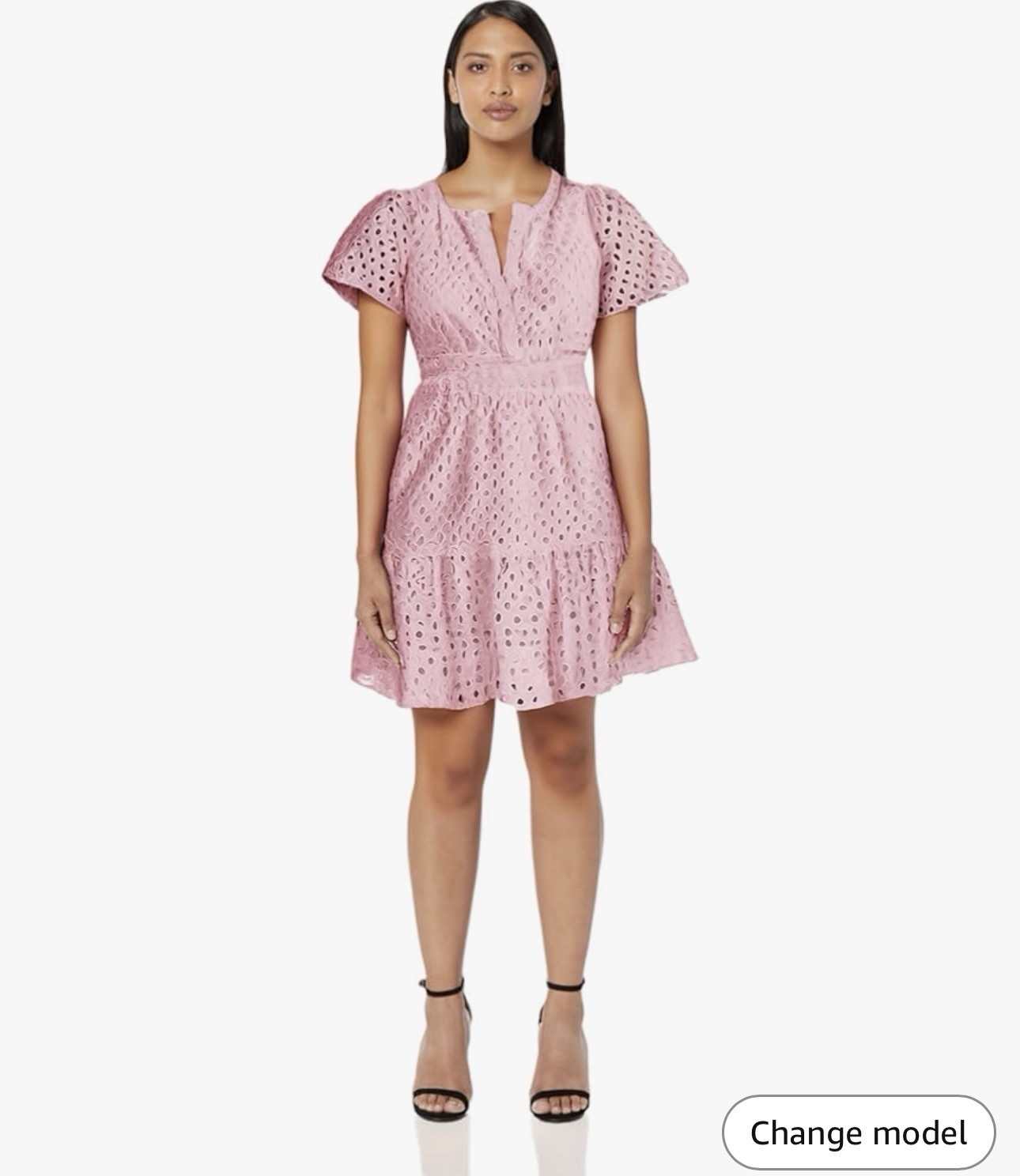 PrettyGarden Pink Eyelet Embroidered V-Neck Fit & Flare Lined Dress M