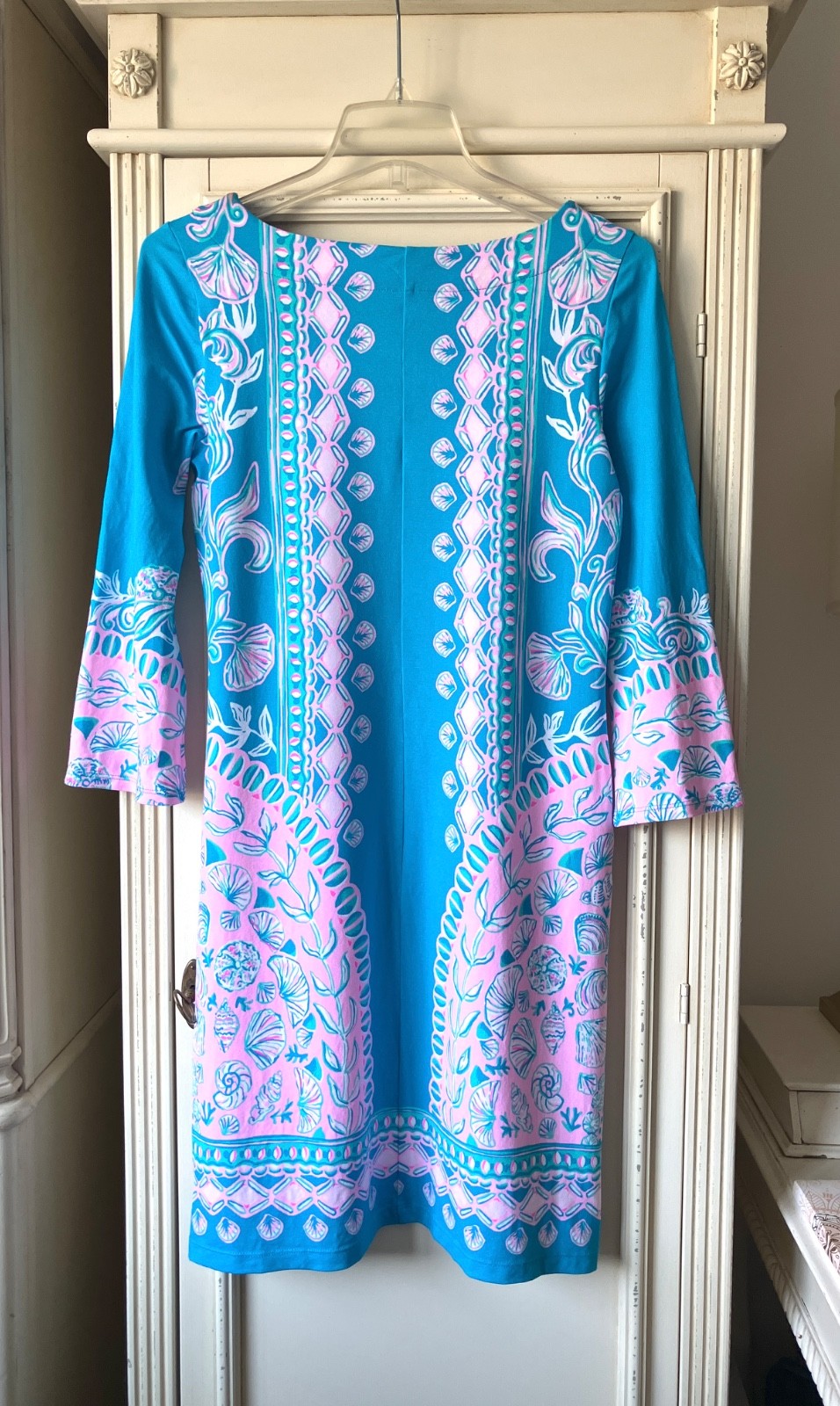 Lilly Pulitzer Tana Turquoise/Pink Shell Print UPF Stretch T Shirt Dress XS NWOT